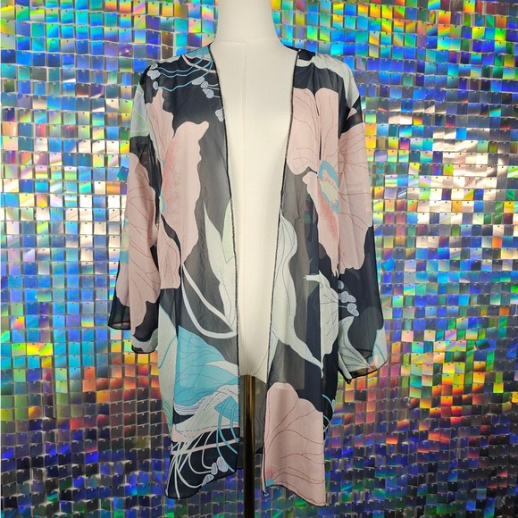 Sweaters - Floral Chiffon Kimono Womens OS Pink Navy Good Sheer Open Front Boho
